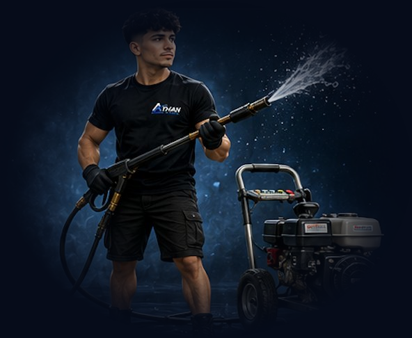 Athan technician with pressure washing equipment